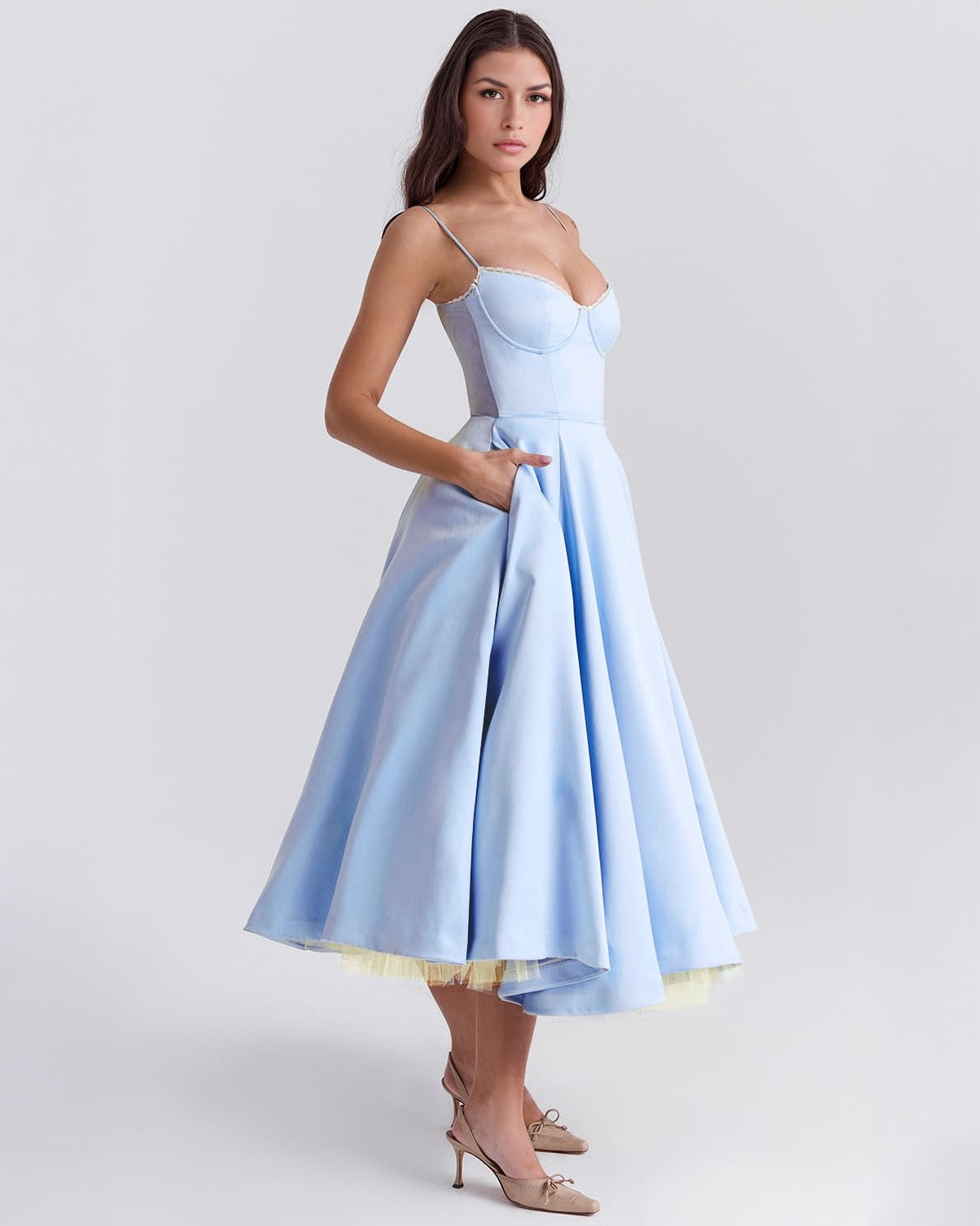 Soleia – Fitted Midi Dress with Spaghetti Straps