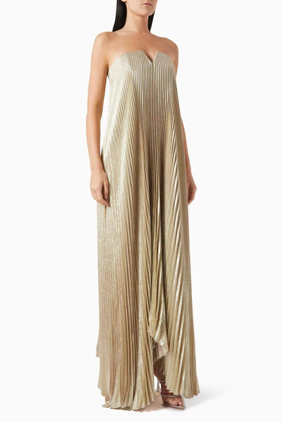 Celestia Strapless Pleated Evening Gown – Golden Elegance