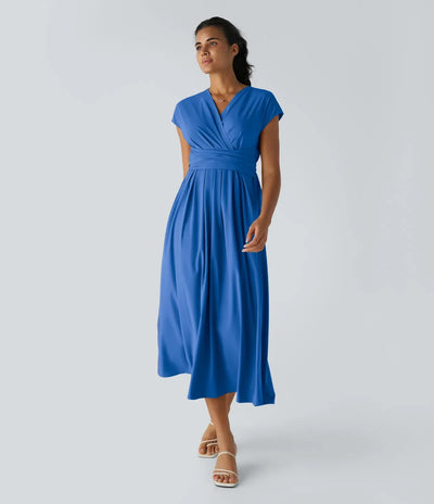 Elara Wrap Dress – Elegant Midi with V-Neckline & High Waist