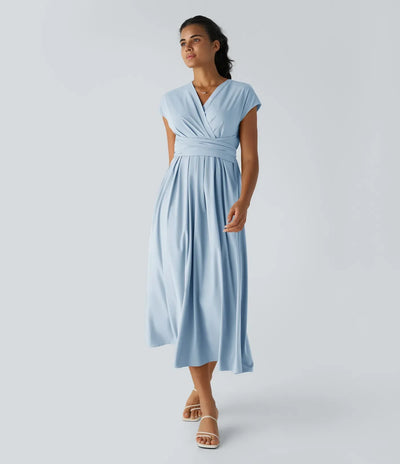 Elara Wrap Dress – Elegant Midi with V-Neckline & High Waist
