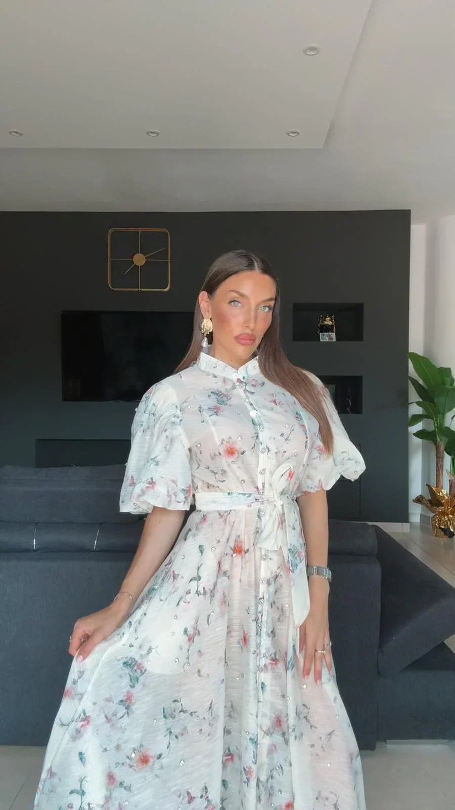 Estelle – Floral Midi Dress with Belt