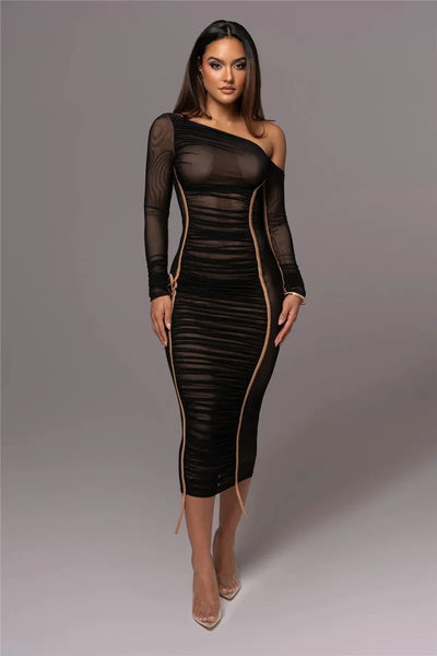 Olyssia | Mesh Ruched Elegance Midi Dress