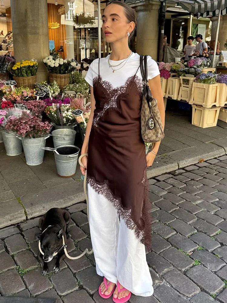 Mocha Whisper Lace Slip Dress