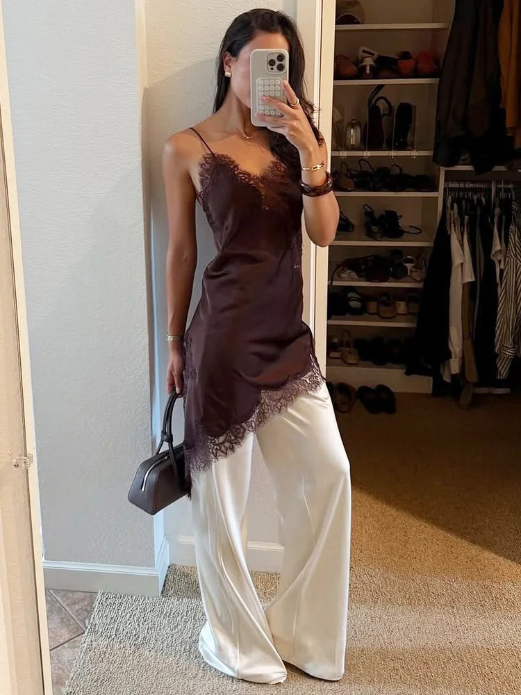 Mocha Whisper Lace Slip Dress