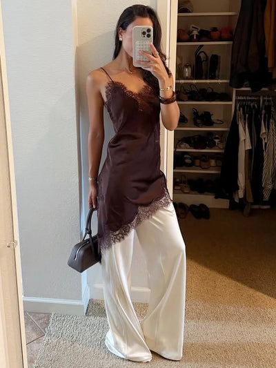 Mocha Whisper Lace Slip Dress