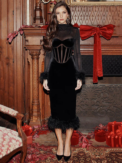 Lyriane | Feather-Trim Sheer Elegance Midi Dress