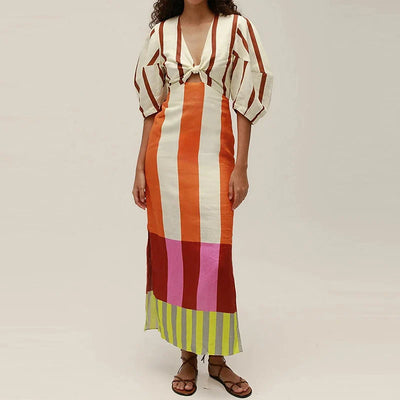 Riviera Stripes Puff Sleeve Maxi Dress