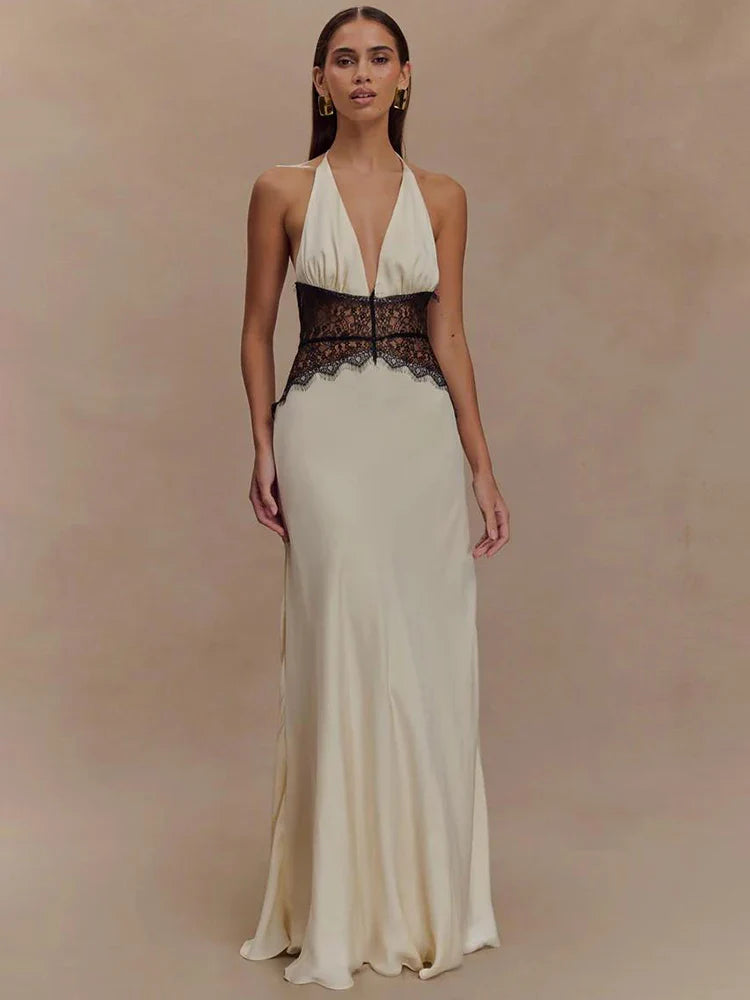Evrelle | Halter Lace Elegance Maxi Dress