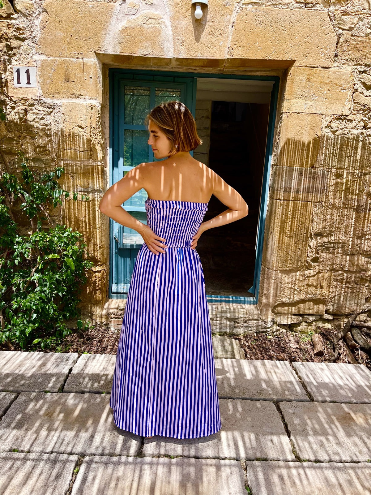 Lina – Strapless Striped Dress in Blue & Pink