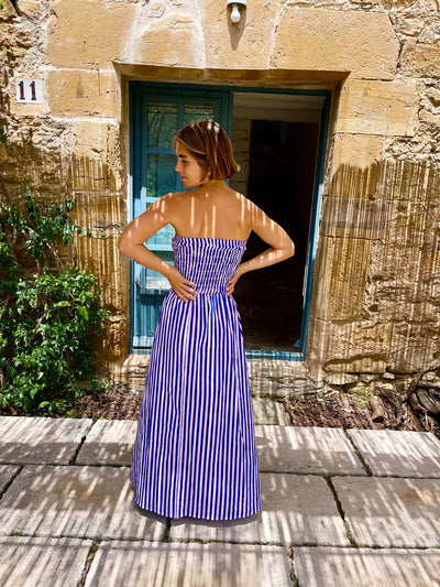 Lina – Strapless Striped Dress in Blue & Pink