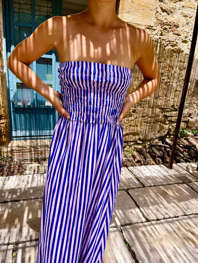 Lina – Strapless Striped Dress in Blue & Pink