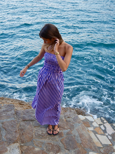 Lina – Strapless Striped Dress in Blue & Pink