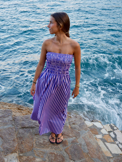 Lina – Strapless Striped Dress in Blue & Pink